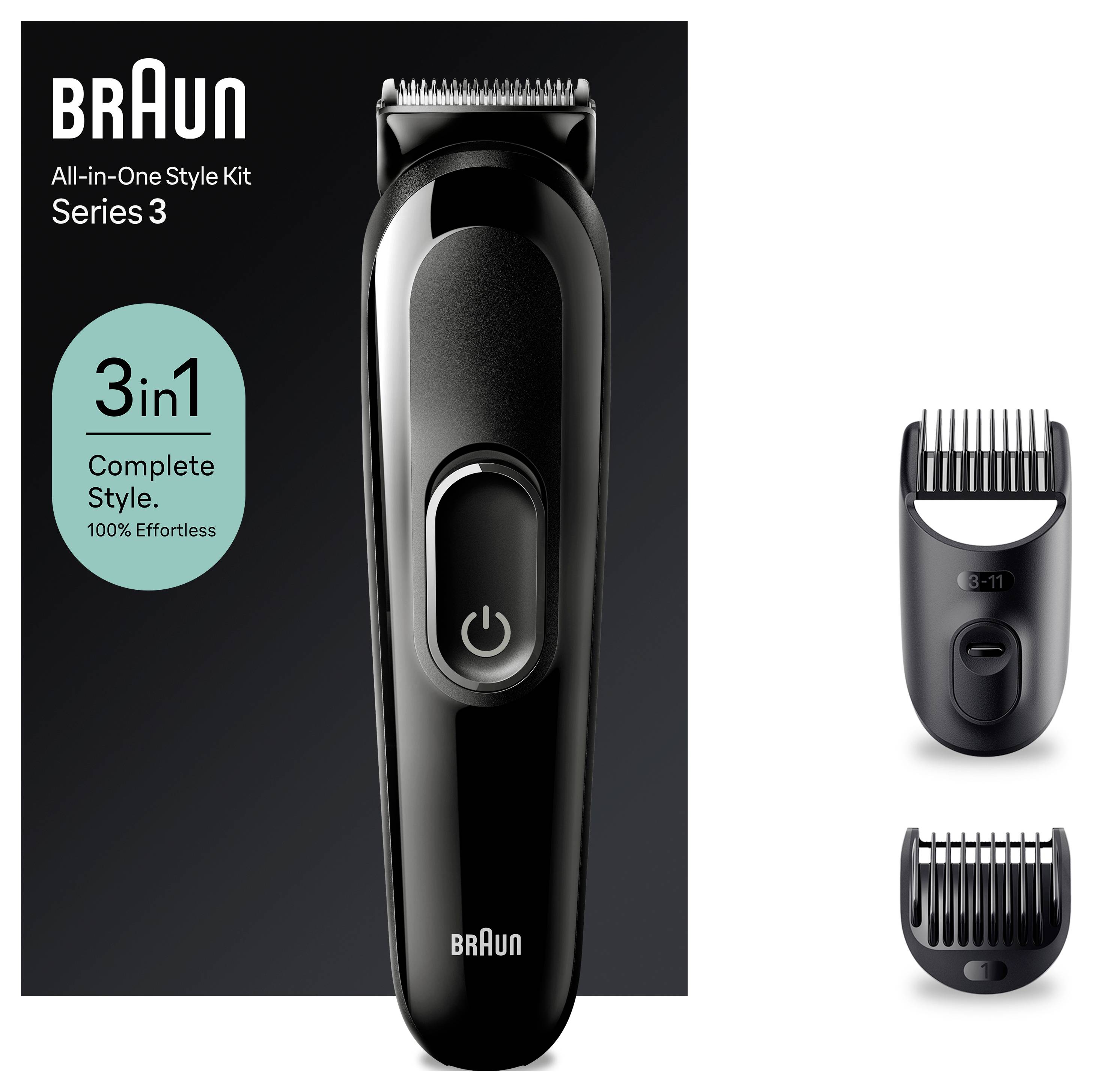Braun Series 3 All-in-One Style Kit mit einem schwarzen elektrischen Trimmer und zwei auswechselbaren Kammaufsätzen.