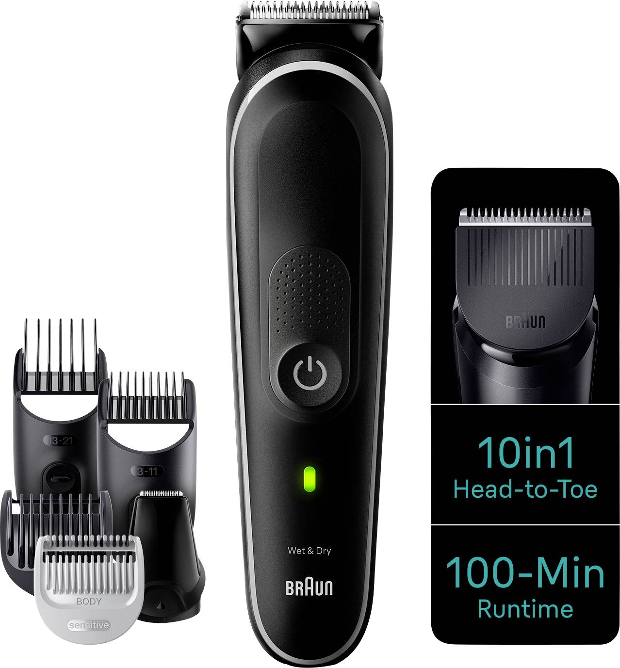 Schwarzer Haarschneider mit Aufsätzen, beschriftet als '10 in 1 Ganzkörper' und '100 Min. Laufzeit', geeignet für Nass- und Trockenanwendung.