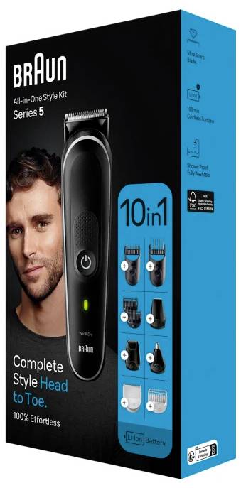 Braun Series 5 All-in-One Style Kit. Komplettes Styling von Kopf bis Fuß. 10-in-1 Pflegewerkzeuge, wasserdicht, langanhaltende Batterie.