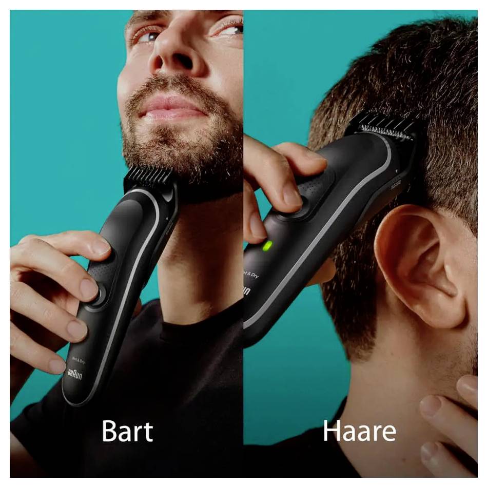 Nahaufnahme eines Mannes, der einen Trimmer für Gesichtsbehaarung (Bart) und Kopfhaar (Haare) verwendet und damit seine Funktionalität demonstriert.