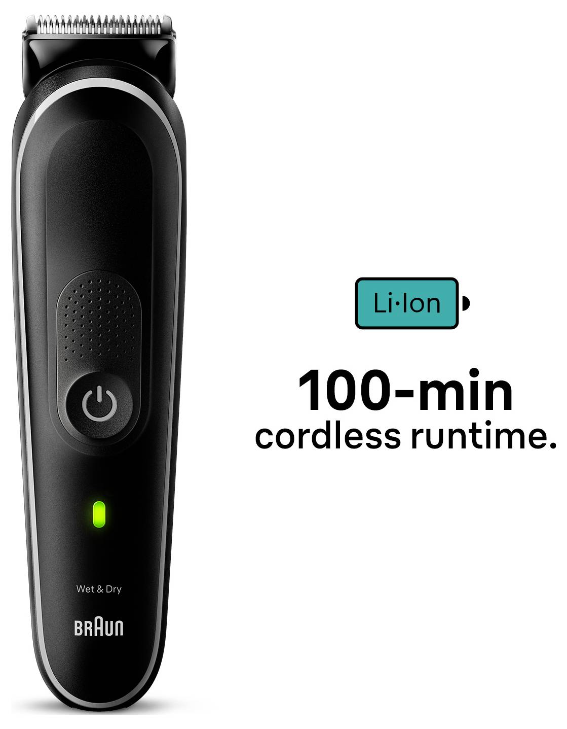 Elektrischer Trimmer von Braun mit dunklem Design, versehen mit einem Einschalter und einer Ladestandsanzeige. Text liest sich: 