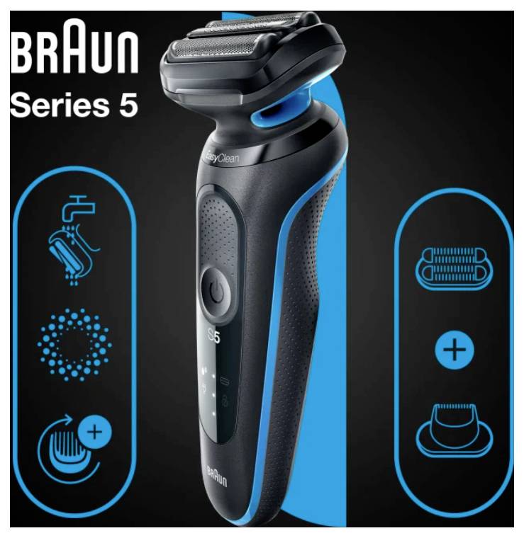 Braun Series 5 Elektrorasierer mit drei kreisförmigen Symbolen: Selbstreinigung, Hautkomfort und adaptiver Kopf-Funktionen. Schwarz-blaues Design.