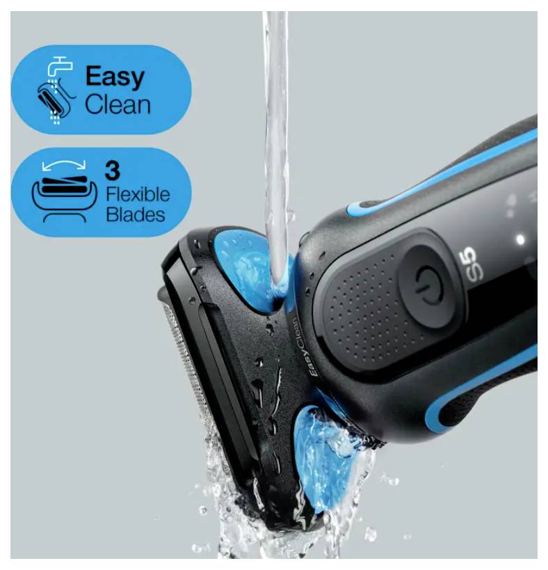 Elektrischer Rasierer mit Wasser, das über seinen Kopf läuft, hervorgehoben für ‚Einfach Reinigen' und ‚3 flexible Klingen'.