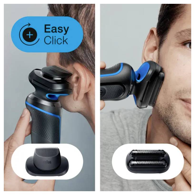 Ein Mann demonstriert einen elektrischen Trimmer nahe seiner Wange und seinem Ohr. Eingesetzte Bilder zeigen den Trimmer-Kopf und zusätzliche Befestigungsoptionen.