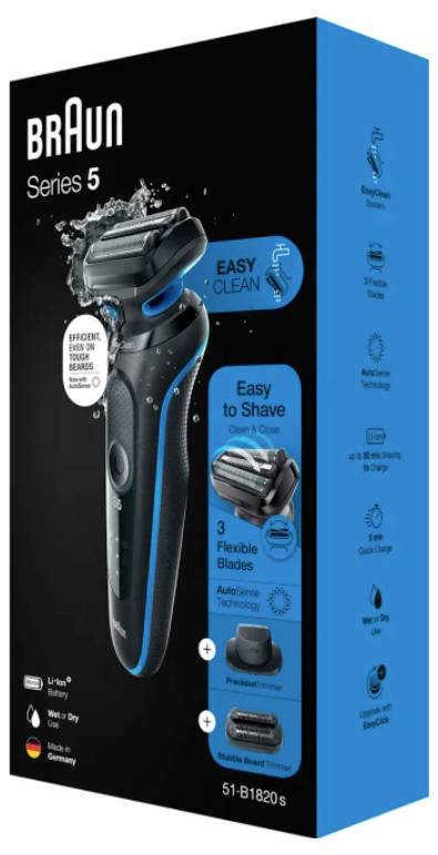 Verpackung eines Braun Series 5 Elektrorasierers mit 3 flexiblen Klingen, „leicht zu rasieren