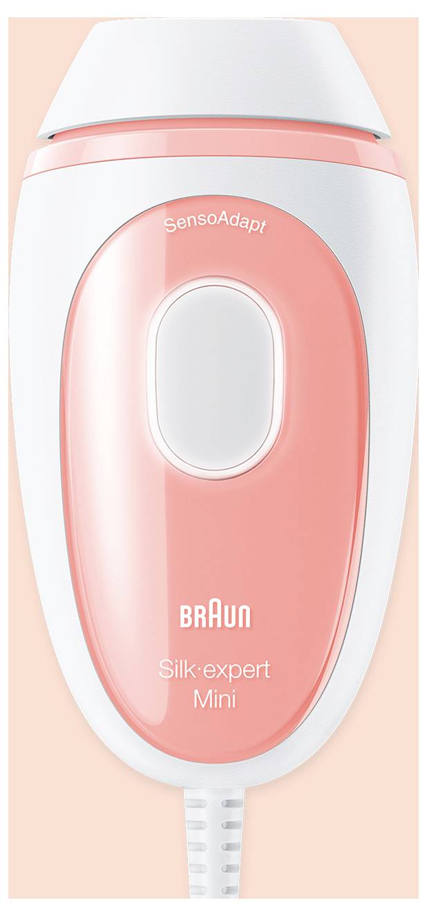 Ein Nahaufnahmefoto eines Braun Silk-expert Mini Geräts mit 'SensoAdapt' und Branding. Das Gerät ist pfirsichfarben und weiß mit einer einzelnen Taste.