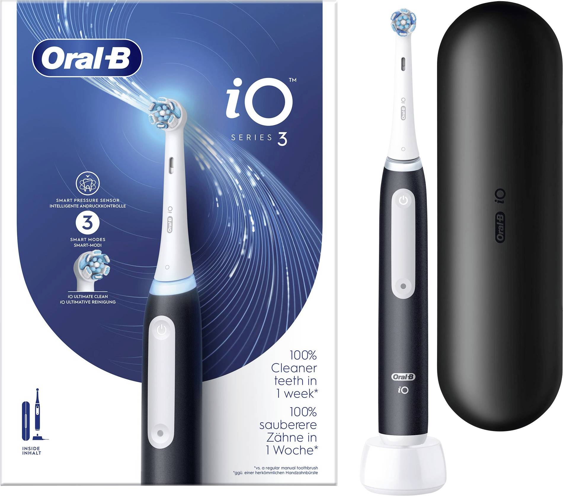 'Oral-B iO Series 3' Elektrische Zahnbürste in Verpackung mit Zahnbürste und schwarzer Reisetasche. Versprechen: 100% sauberere Zähne in 1 Woche.