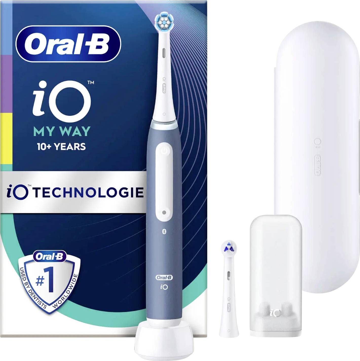 Elektrische Zahnbürste mit Ladegerät und Ersatzkopf, mit Oral-B Branding und dem Text 'iO MY WAY 10+ JAHRE iO TECHNOLOGIE' auf der Verpackung.