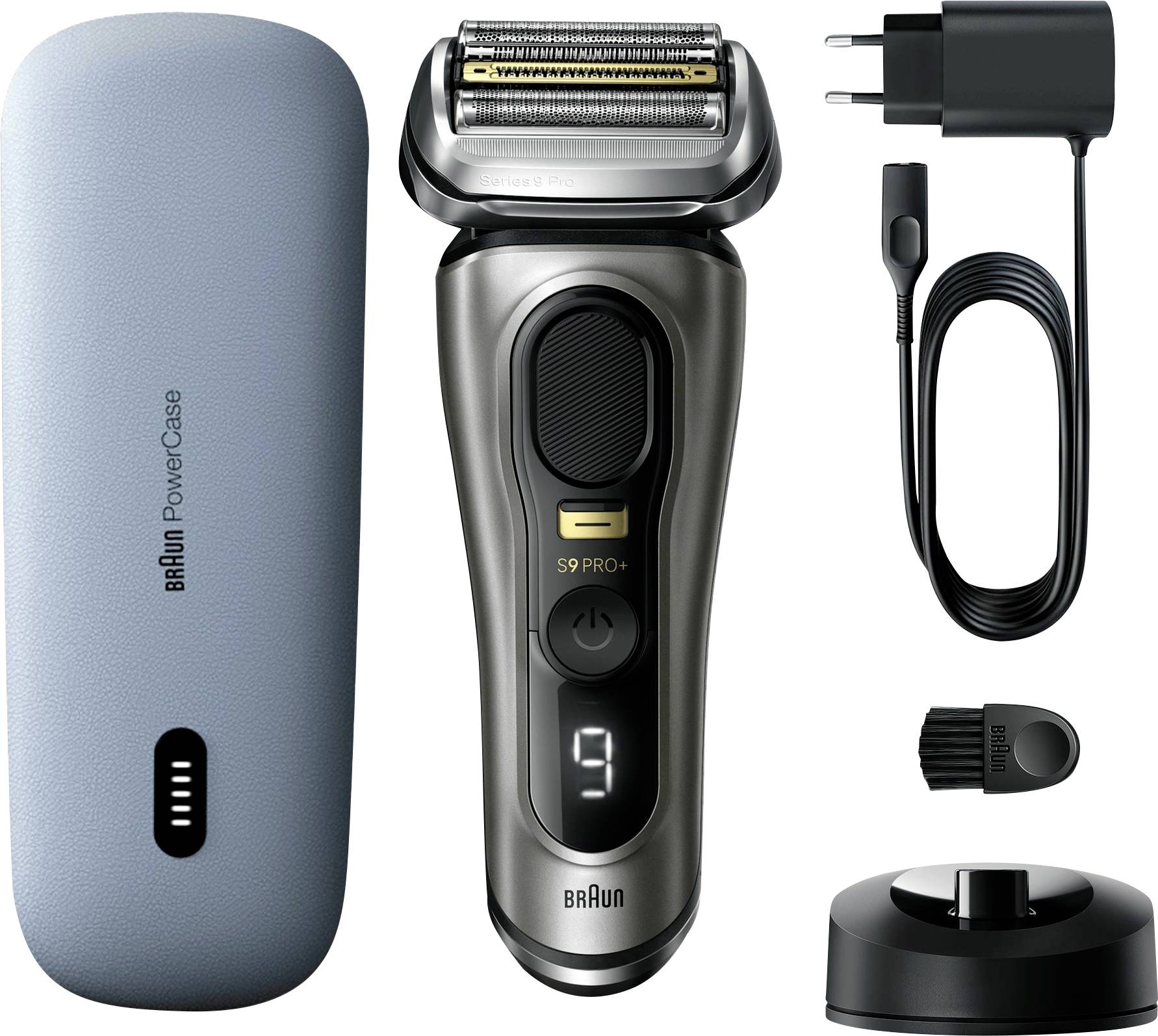 Elektrischer Rasierer-Set mit einem silber-schwarzen Rasierer, blauer Schutzbox, Ladekabel, Reinigungsbürste und Ladestation.