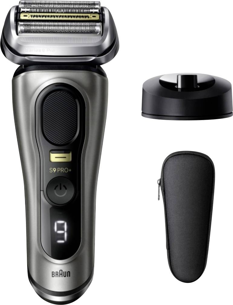 Braun Series 9 Pro+ Elektrorasierer mit Ladedock und Reiseetui. Text lautet 'Brauns bester Rasur' und 'Bis zu 5 Jahre Garantie'.