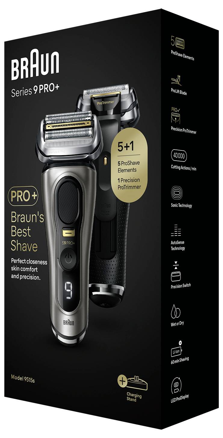 Aufsteller mit Braun Series 9 Pro+ Elektrorasierer, der Merkmale wie ProBlade, fünf Rasielelemente und Nass-/Trockenanwendung hervorhebt.
