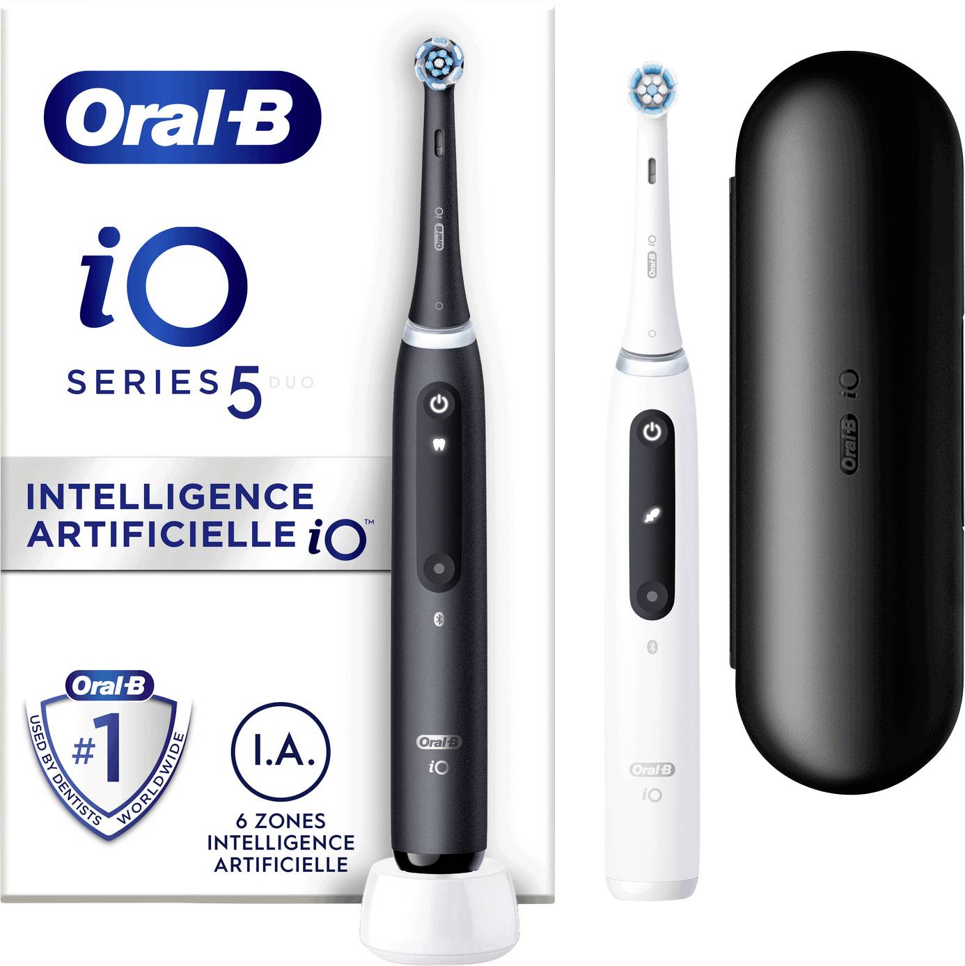 'Oral-B iO Series 5' elektrische Zahnbürste mit schwarzen und weißen Modellen, künstlicher Intelligenz, 6 Reinigungszonen und Reiseetui.