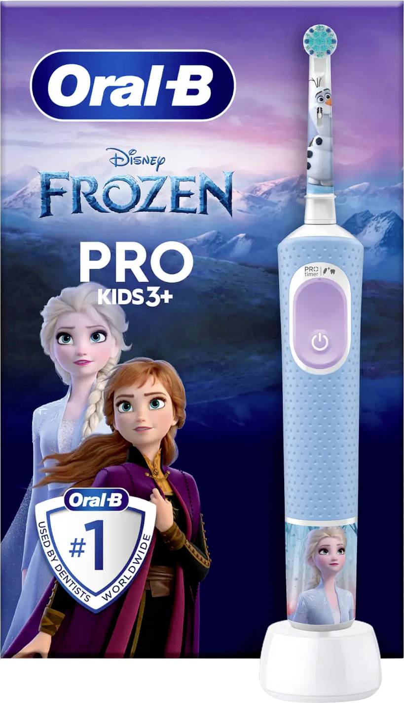 Oral-B Kinder-Elektrische Zahnbürste mit Disney's Frozen-Charakteren. Geeignet für Kinder ab 3 Jahren. Hintergrund zeigt verschneite Berge.