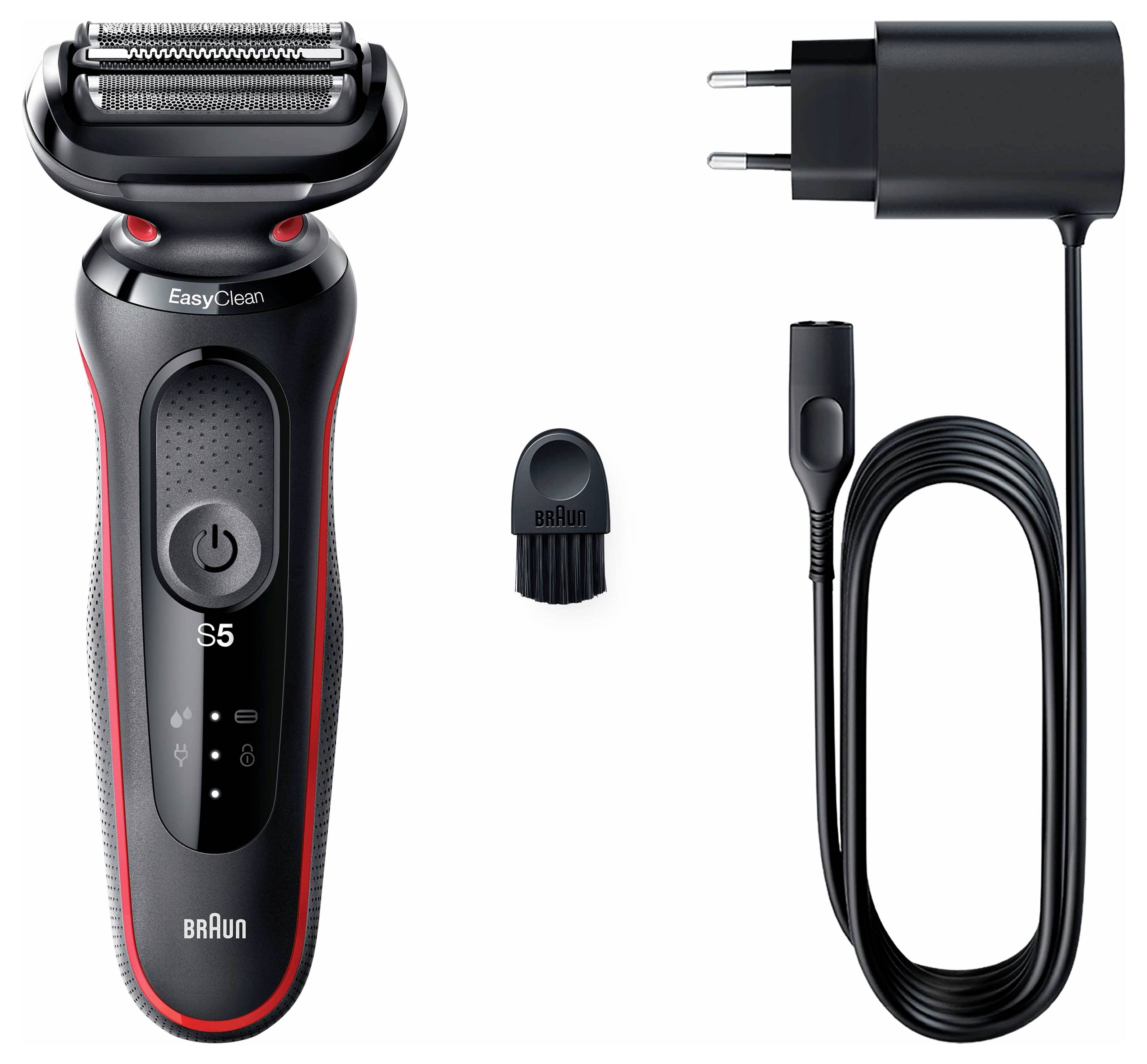Elektrischer Rasierer-Set inklusive eines kabellosen Rasierers, Reinigungsbürste und Ladekabel. Der Rasierer verfügt über eine 'EasyClean'-Kennzeichnung.