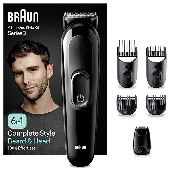 Braun Series 3 All-in-One-Styling-Set für Bart und Kopf. Enthält Trimmer, vier Aufsätze und Verpackung mit Modellfoto.