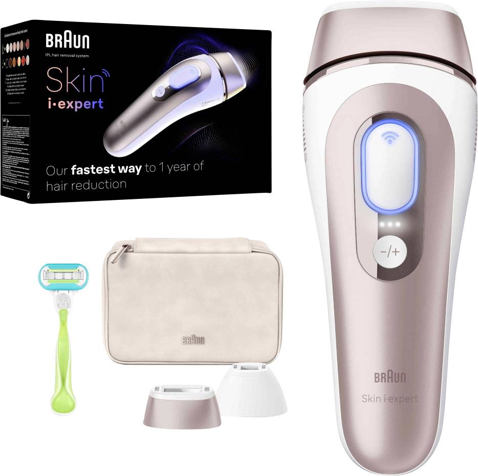 Braun Skin i-Expert Haarentfernungsgerät mit Box, Tasche, Rasierer und Zubehör. Bewirbt 'Unsere schnellste Methode zur Haarreduktion in 1 Jahr.'