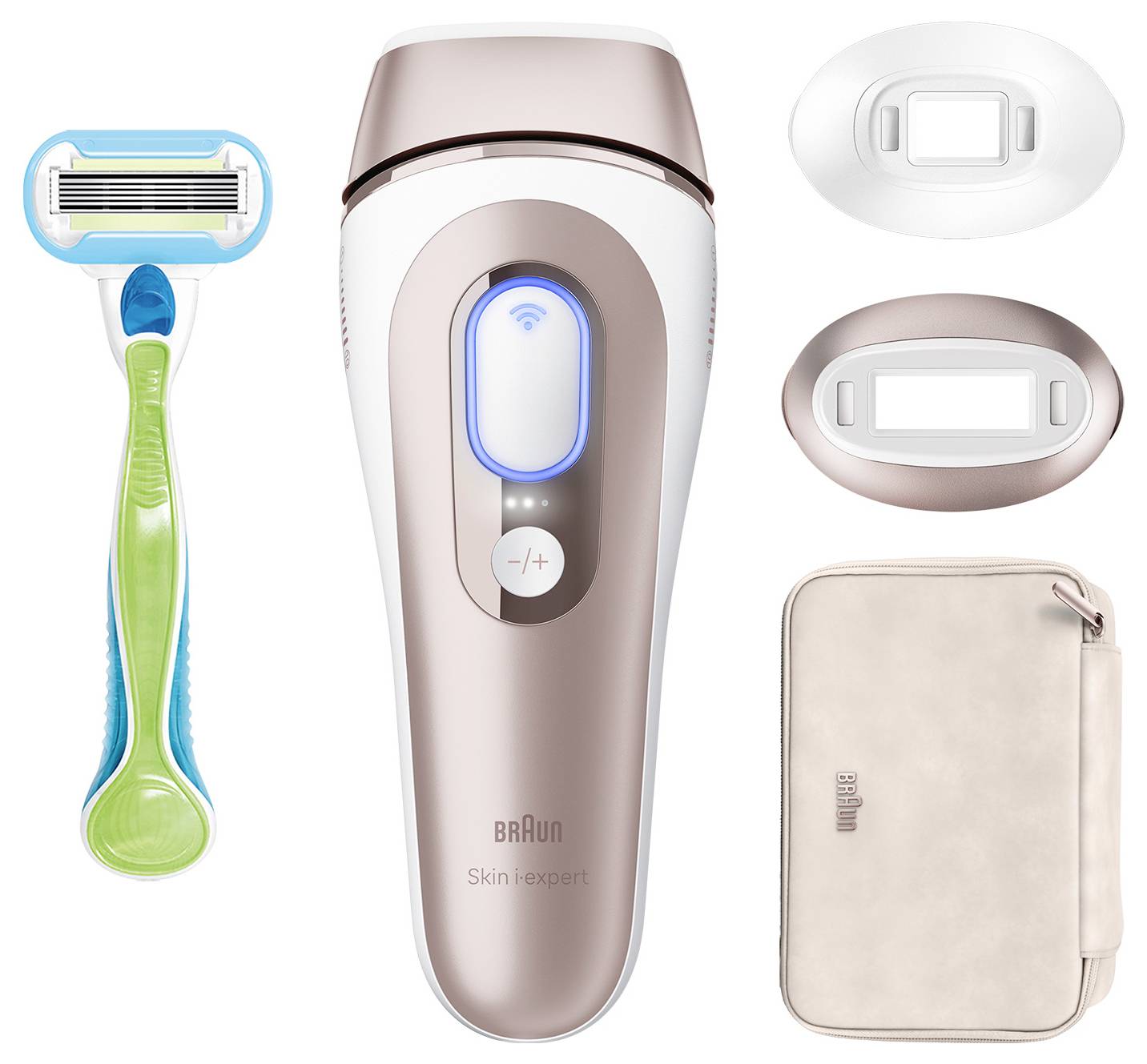 Ein Braun-Haarentfernungsset mit einem roségoldenen Gerät, zwei Lichtpatronen, einem Rasierer und einer Reißverschlusstasche. Geeignet für Hautbehandlungen.