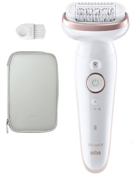 Weißer und rosafarbener Epilator aus Gold mit Einschaltknopf, Geschwindigkeitsoptionen und abnehmbarem Kopf. Inklusive Reinigungsbürste und Aufbewahrungsbeutel.