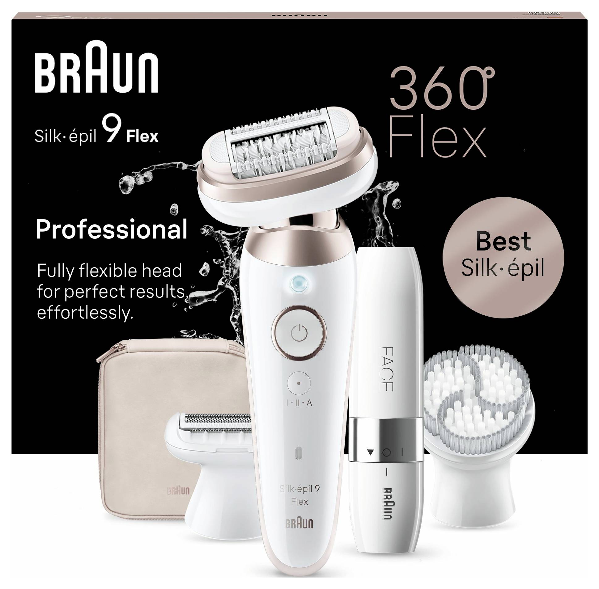 'Braun Silk-épil 9 Flex.' Enthält Epilierer mit flexiblem Kopf, Gesichtspflege-Gerät und Tasche. Fördert einfache Haarentfernung und Hautpflege.