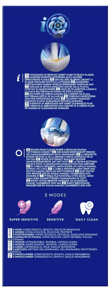 Eine detaillierte Darstellung einer Zahnbürsten-Verpackung, die die Borstentechnologie hervorhebt, mit drei Reinigungsmodi: ‚Super Sensitiv', ‚Sensitiv', ‚Tägliche Reinigung'.