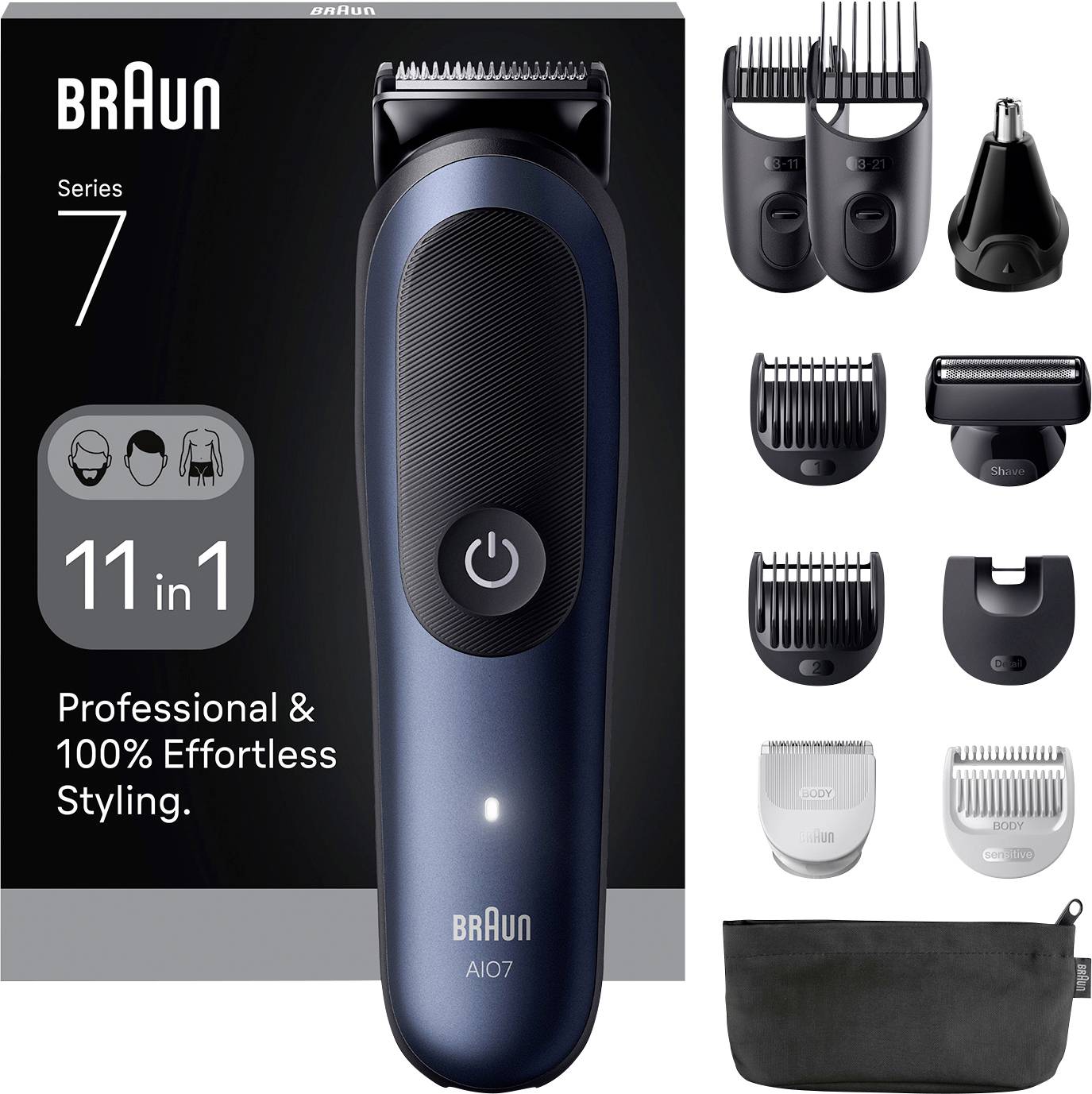 Braun Series 7 Grooming-Set mit Trimmer, verschiedenen Aufsätzen und Tragetasche, für professionelles und vielseitiges Styling.