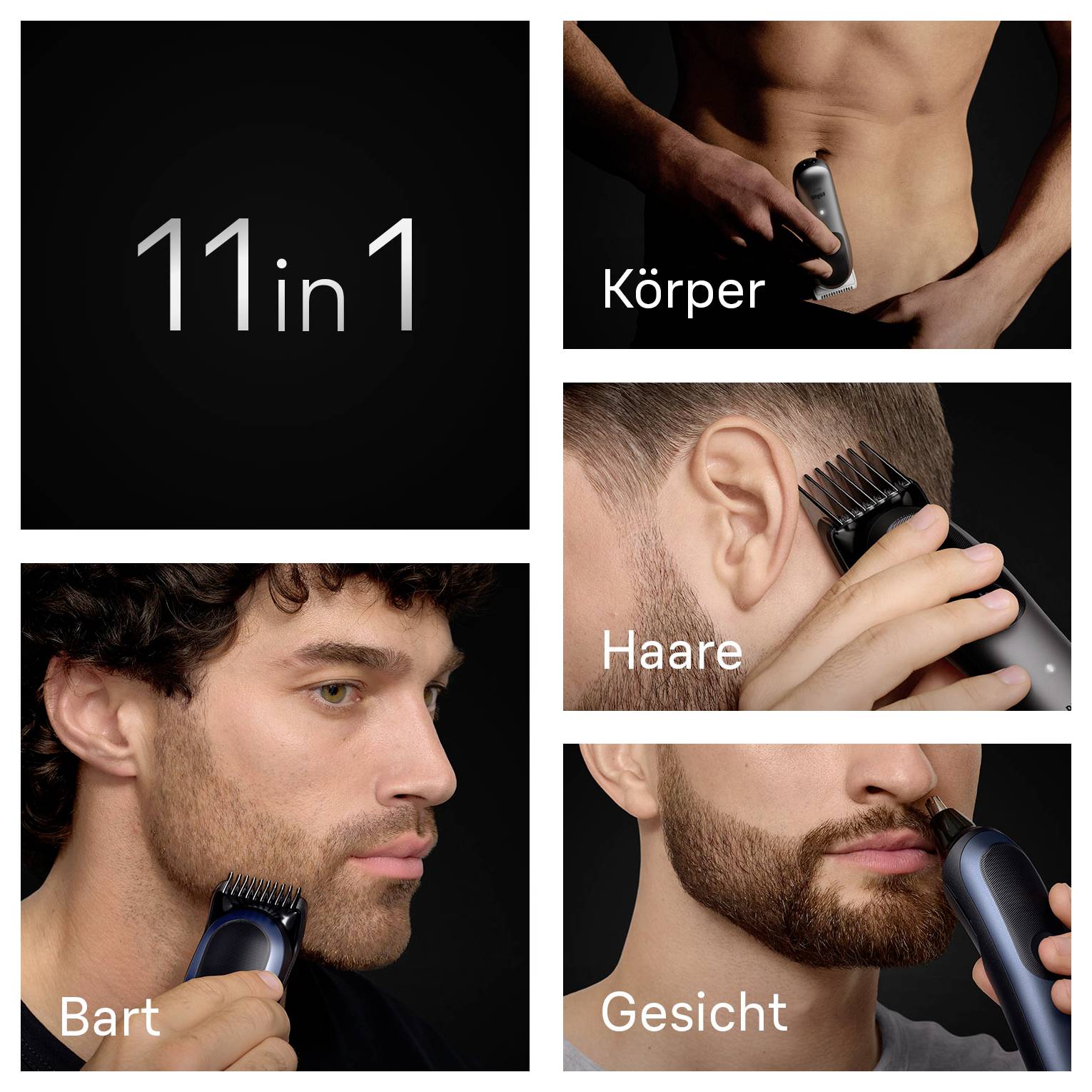 Ein Pflegeset mit mehreren Aufsätzen für Körper-, Haar- und Barttrimmer gezeigt. Großer Text liest '11 in 1'.