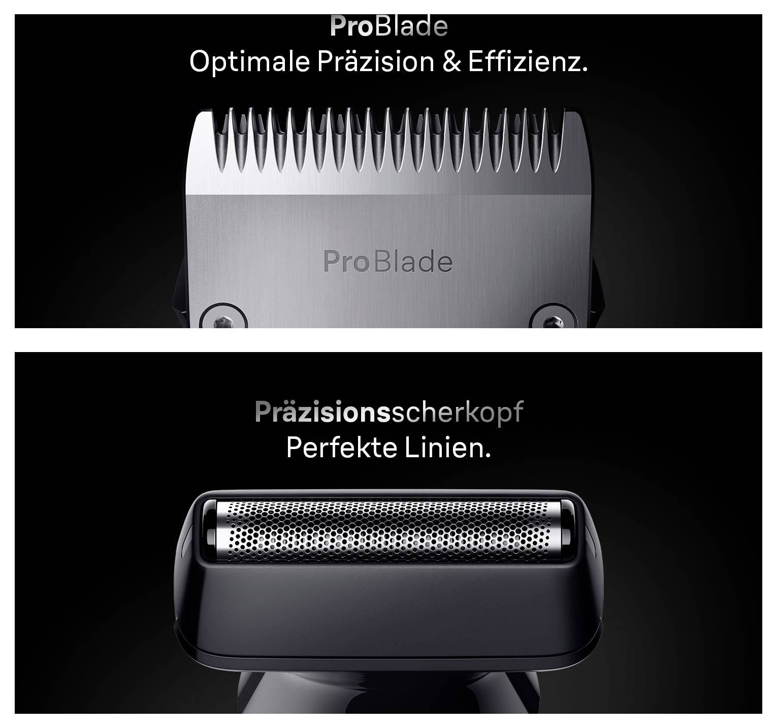 Das Bild zeigt zwei Nahaufnahmen von ProBlade-Rasierklingen mit dem Text: 'Optimale Präzision & Effizienz.' und 'Perfekte Linien.'