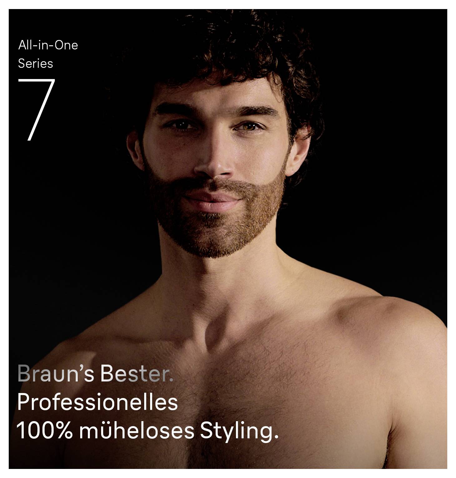 A man with styled hair and beard against a dark background. German text reads: 'Braun's Bester. Professionelles 100% müheloses Styling.'<br><br>(Note: The text is already in German, so no translation is needed.)