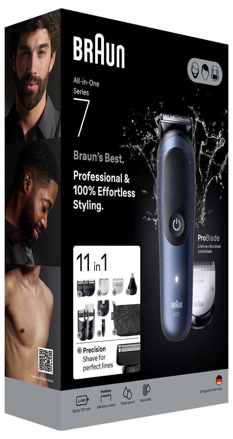 Verpackung für Braun Series 7 Trimmer – Alles-in-Einem<br><br>Professional & 100% müheloses Styling<br><br>[Bildliche Darstellung des Trimmers mit Zubehör und männlichen Models mit gepflegten Frisuren und Bartlooks]