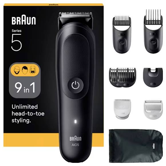 Ein schwarzer Braun Series 5 Trimmer mit auswechselbaren Aufsätzen. Auf der Verpackung steht '9 in 1, Unbegrenzte Styling-Möglichkeiten von Kopf bis Fuß'. Inklusive Aufbewahrungstasche.