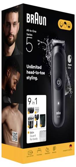 'Braun All-in-One Series 5' Trimmer-Box. Eigenschaften: unbegrenzte Styling-Möglichkeiten, Hautschutz, 9-in-1 Funktionen und Argan-Griff. Versandware.