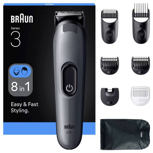 Braun Series 3 8-in-1 Styling-Set mit Trimmer, mehreren Aufsätzen und einer Aufbewahrungstasche für vielseitige Pflege- und Styling-Optionen.