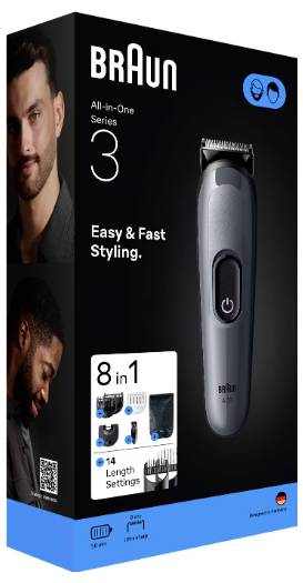 Verpackung des Braun All-in-One Series 3 Trimmers mit dem Gerät, mehreren Styling-Aufsätzen und zwei Fotos von Männern mit gestylten Bärten.