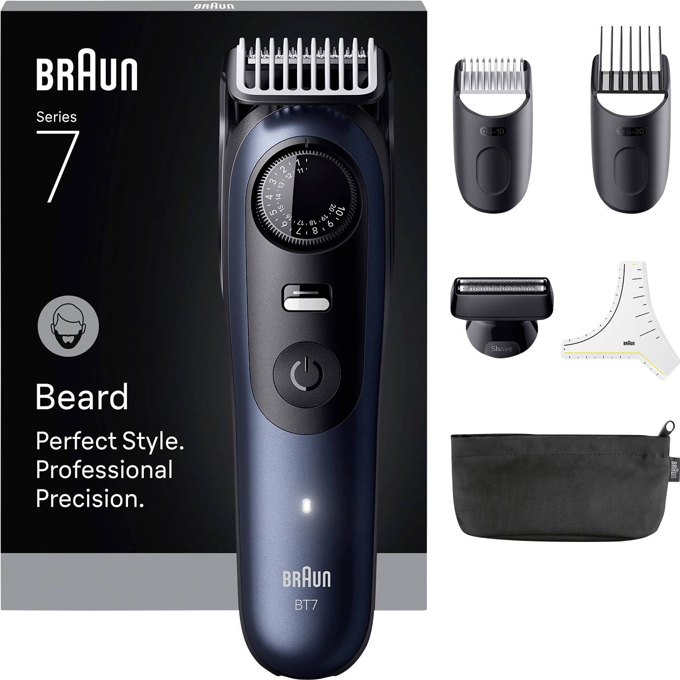 Braun Series 7 Bartschneider mit Kammaufsätzen, Präzisionstrimmer und Reiseetui. Text: 'Bart Perfekt Stil. Professionelle Präzision.'