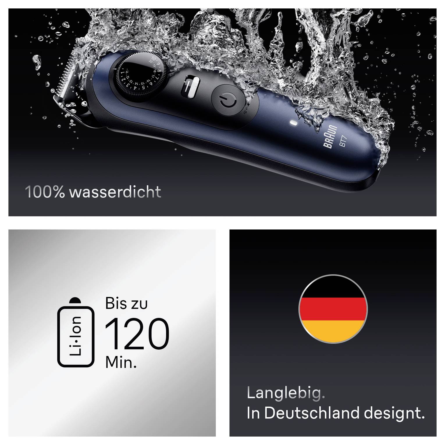 Rasierer mit Wasserspitzen, die '100% wasserdicht' anzeigen. Eigenschaften 'Bis zu 120 Min Li-Ion'. Deutsche Flagge und Text 'Langlebig. In Deutschland designt'.