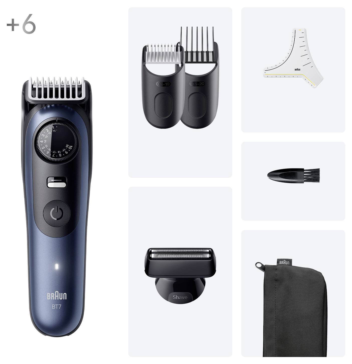 Ein blau-schwarzer elektrischer Trimmer mit Einstellrad, zwei Kammaufsätzen, einem Präzisionswerkzeug, einem Körperrasierer-Aufsatz und einer Aufbewahrungstasche.