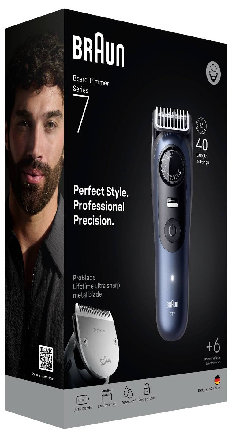 Braun Bartschneider Serie 7 Verpackung mit Trimmer, Model mit Bart, Funktionen '40 Längeneinstellungen', 'Perfekter Stil. Professionelle Präzision.'.