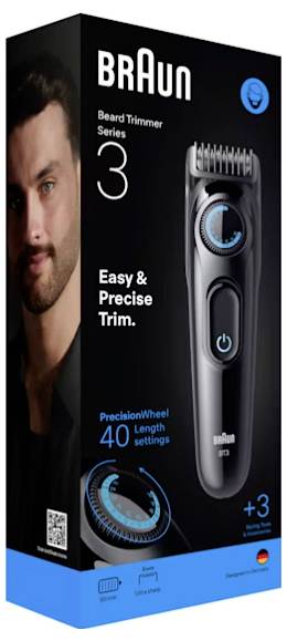 Verpackung des Braun Barttrimmer Series 3, mit Bild des Trimmers, mit Merkmalen: 'Einfach & Präzise Trimmen', '40 Längeneinstellungen'.