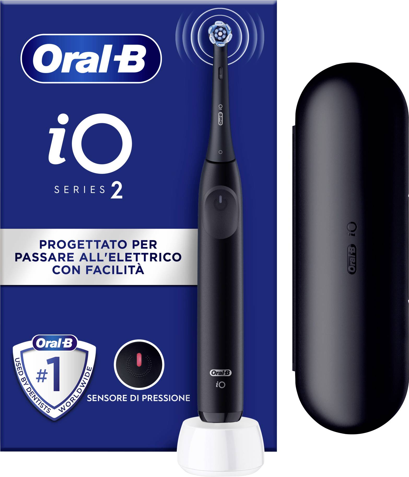Verpackung der Oral-B iO Series 2 Elektrische Zahnbürste in blauer Farbe, die die Zahnbürste und die Ladestation zeigt. Der italienische Text hebt die Merkmale hervor.