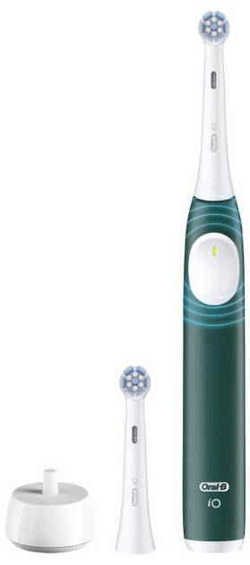 Elektrische Zahnbürste mit einem dunkelgrünen Griff, zwei auswechselbaren Aufsteckbürsten und einer weißen Ladestation, Marke 'Oral-B iO'.