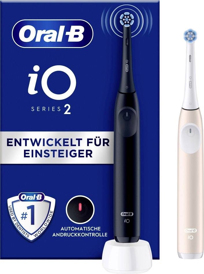 Packung mit Oral-B iO Series 2 Zahnbürste, entwickelt für Einsteiger. Zwei Modelle gezeigt: schwarz und roségold. Mit Druckkontrolle.