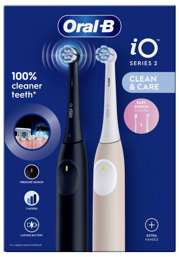 Oral-B iO Series 2 elektrische Zahnbürsten in Schwarz und Gold. Zu den Funktionen gehören der Anspruch auf 100% sauberere Zähne, ein Drucksensor, 3 Modi, lange Akkulaufzeit und ein zusätzlicher Griff.