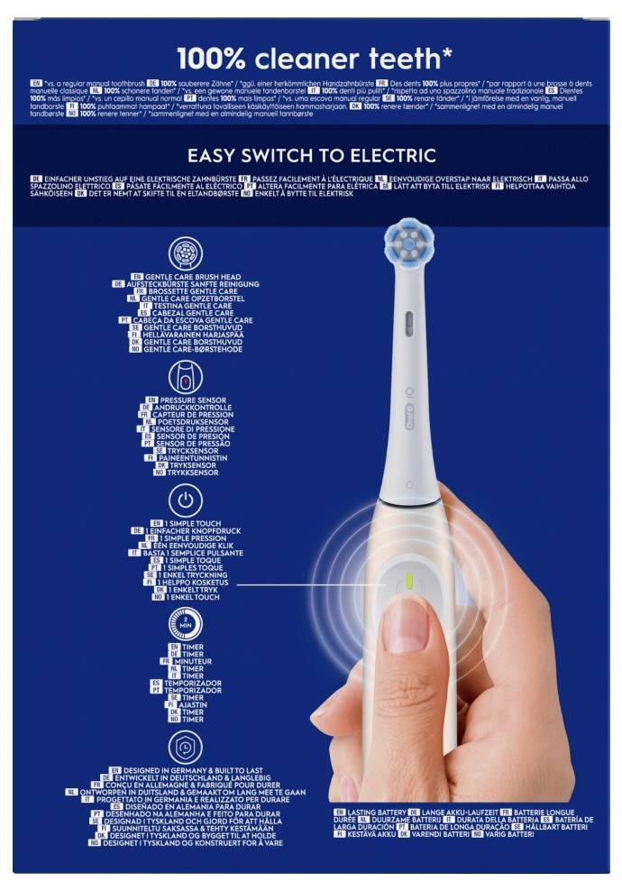 Hand, die eine elektrische Zahnbürste mit einem blau-weißen Kopf vor einem blauen Hintergrund hält. Text: „100% sauberere Zähne* Einfacher Umstieg auf elektrisch