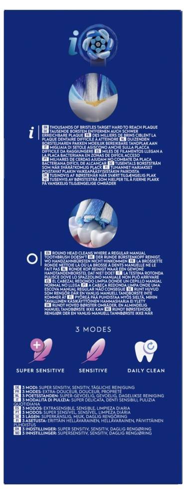 Elektrische Zahnbürste mit Verpackung, die das Bürstendesign zur Plaqueentfernung zeigt. Ausgestattet mit 3 Modi: ‚Super Sensitiv', ‚Sensitiv', ‚Tägliche Reinigung'.