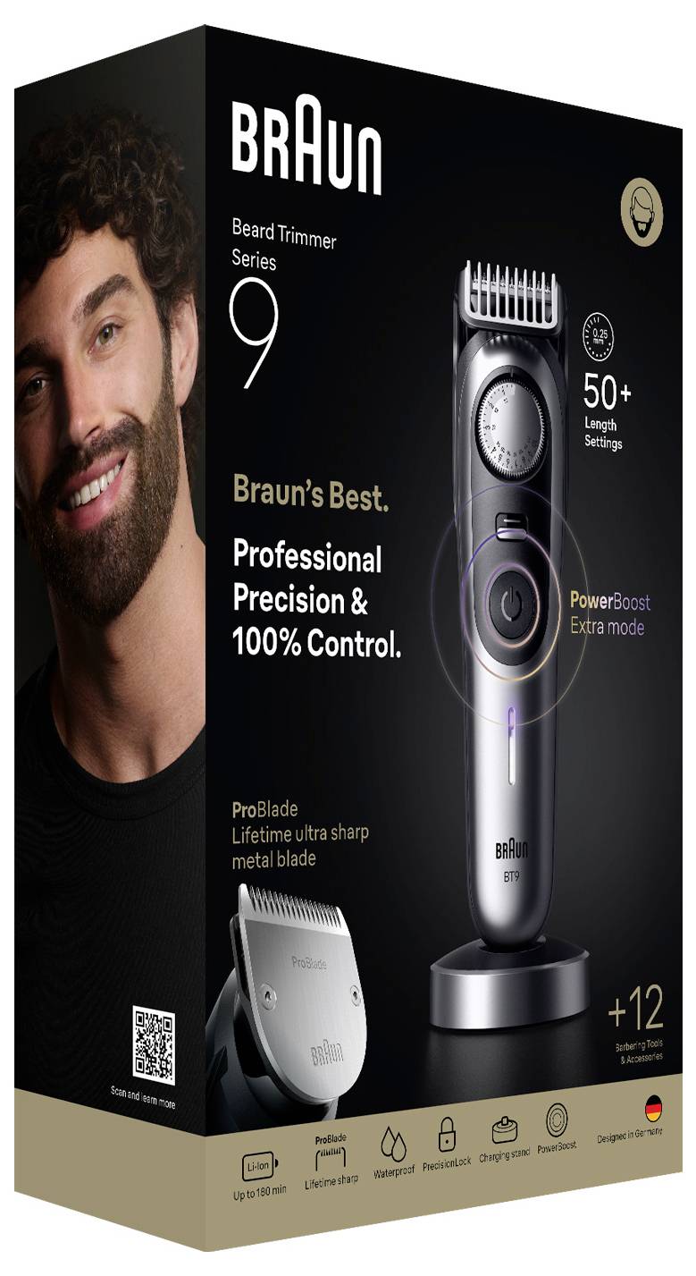 Braun BT9560 Beardtrimmer Series 9 Bartschneider, Präzisions Trimmer abwaschbar Schwarz, Silber