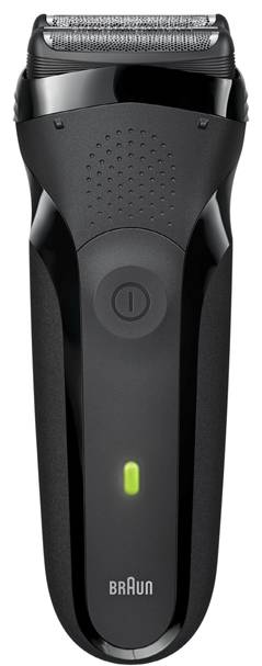 Ein schwarzer elektrischer Rasierer mit gelochter Metallfolie und LED-Anzeige, entwickelt für die persönliche Körperpflege.