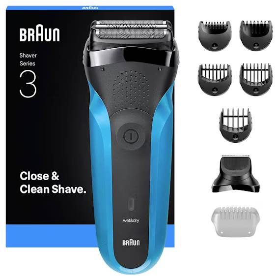 Elektrischer Rasierer und Zubehör in Verpackung. Der Rasierer ist Teil der Serie 3 von Braun und für eine glatte und saubere Nass- oder Trockenrasur entwickelt.