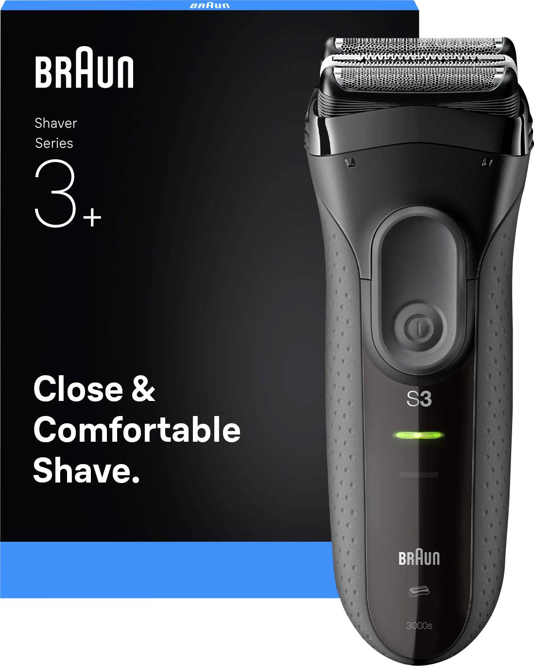 Schwarzer elektrischer Rasierer der Braun Shaver Series 3+ mit ergonomischem Design, neben seiner Verpackung präsentiert. Text lautet: „Präzise & angenehme Rasur.