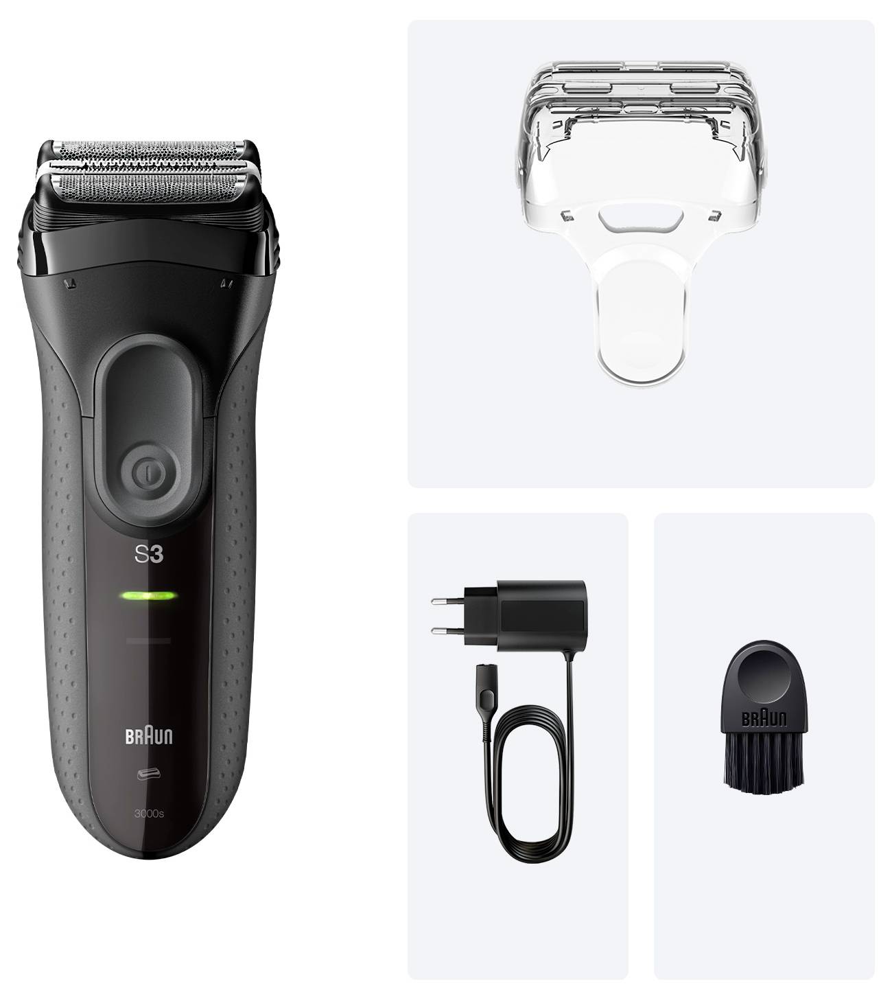 Elektrorasierer-Set bestehend aus einem schwarzen Braun S3 Rasierer, einer transparenten Schutzkappe, einem Ladekabel und einer Reinigungsbürste.