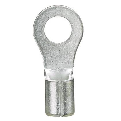 Eine Metallring-Kabelschuh mit einer kreisrunden Öffnung oben und einem offenen Crimpbereich unten, der zum Anschließen von elektrischen Leitern verwendet wird.